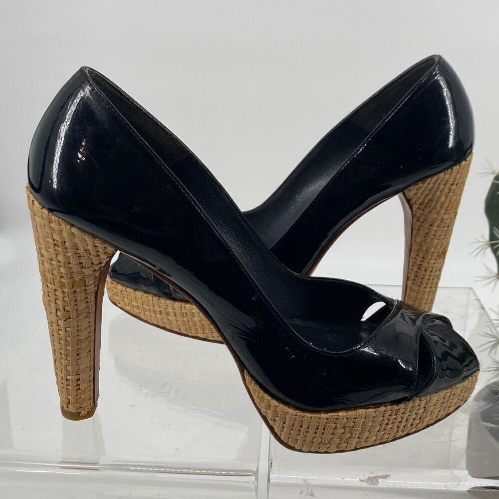 Stuart Weitzman Women's Patent Leather Criss Cross Pump Heel Black Tan Size 8.5M